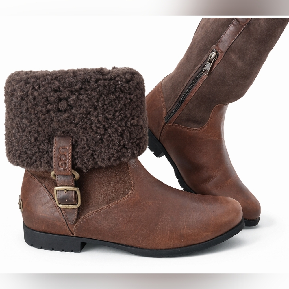 UGG Women's Brown LEATHER Bellvue Ankle Tall SHEARLING Cuff BOOTS shoes Size 8.5 - Picture 1 of 14